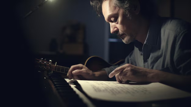 Working out lyrics and melody at the piano
